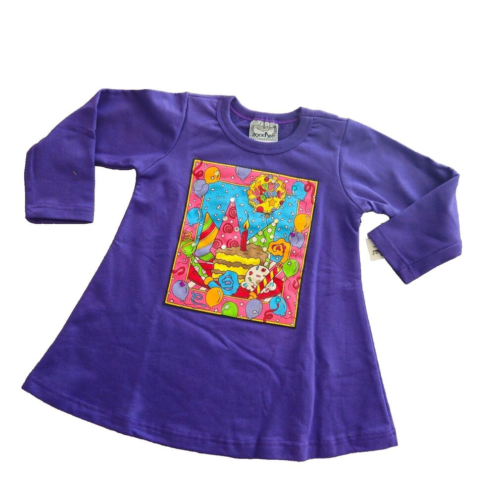 Vintage Zoodles Knit Dress Size 3T Purple Happy Birthday Party 90s Deadstock NWT